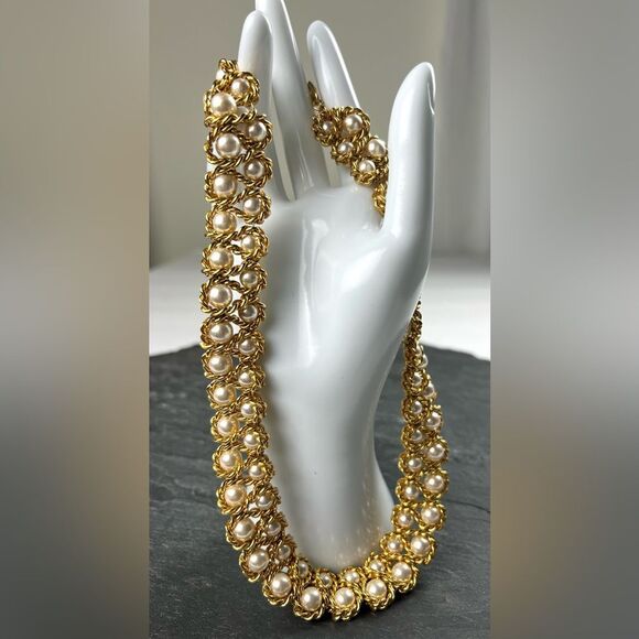 Vintage 1950's Napier Pearl Collar Woven Chain with Faux Pearl Necklace - Picture 1 of 10